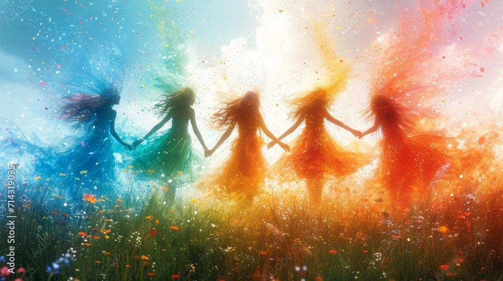 Silhouettes of girls in the meadow. Colorful background Generative AI
