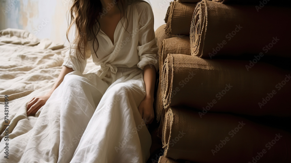 Young woman in white bathrobe sitting on bed with pillows. - obrazy, fototapety, plakaty 
