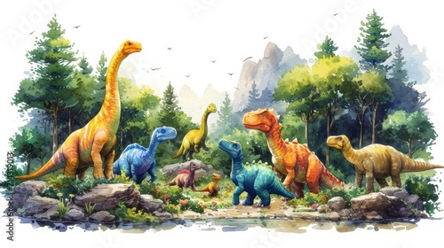 Watercolor dinosaurs in the forest. Illustration for your design. Generative AI © Alex