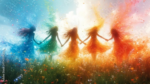 Silhouettes of girls in the meadow. Colorful background Generative AI © Alex