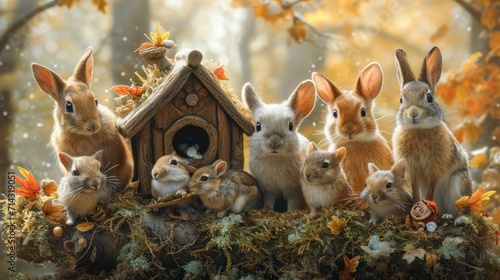 Group of little rabbits in the forest with a birdhouse in the background Generative AI