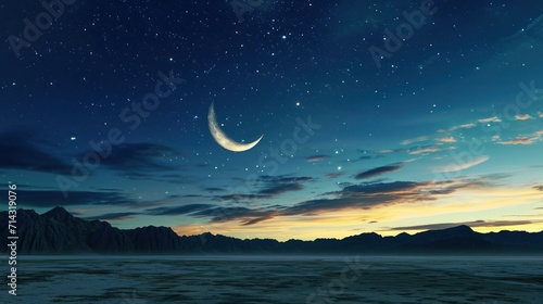 a view of the night sky with a crescent and a star in the middle of the night sky with a mountain range in the distance with a few clouds and a few stars.