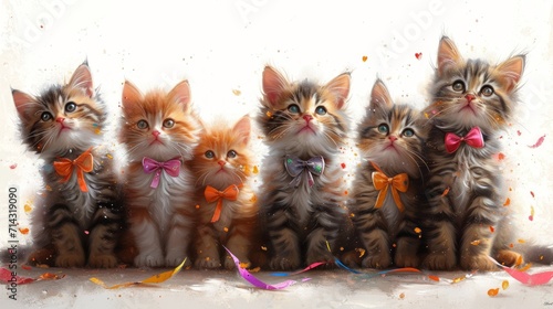 Group of kittens with ribbons and confetti on white background. Generative AI © Alex