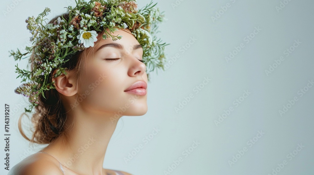 Beauty and nature combined. Studio shot of a beautiful young woman wearing a head wreath with eyes closed, peaceful and slow life lifestyle, copy space. Beauty and nature combined. Studio shot of a beautiful young woman wearing a head wreath with eyes closed, peaceful and slow life lifestyle, copy space.