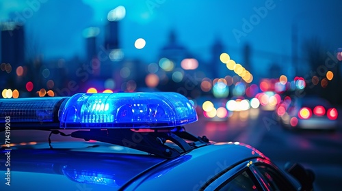Blue and red light flasher atop of a police car. City lights on the background.