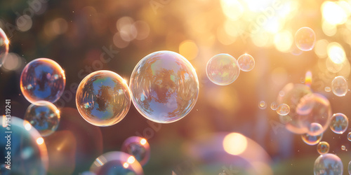 Abstract beautiful transparent soap bubbles floating on sunset background, romantic outdoor park backgrounds.