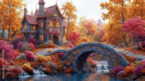 Fantasy castle in the autumn forest. 3d render illustration. Generative AI © Alex