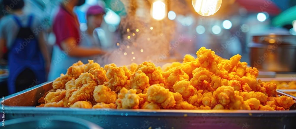 Fototapeta premium At Raohe Street Night Market in Taipei, a vendor sells popular crispy Popcorn Chicken, a local street-food loved by Taiwanese and tourists.