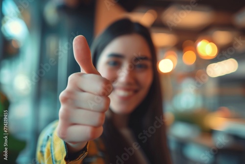 Thumbs up, blurred, and a working woman agree by making a cheerful hand sign. Employees like and smile when they hear that they have achieved their highest professional career goal at work.