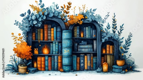 Bookshelf with books and plants. Illustration in watercolor style. Generative AI
