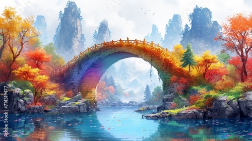 Autumn landscape with colorful forest and bridge. Digital art painting. Generative AI