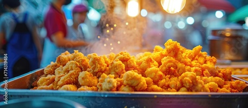 At Raohe Street Night Market in Taipei, a vendor sells popular crispy Popcorn Chicken, a local street-food loved by Taiwanese and tourists. photo