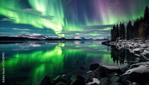 View of night sky with multicolored aurora borealis and mountain peak background. Night glows in vibrant aurora reflection on the lake with forest. 