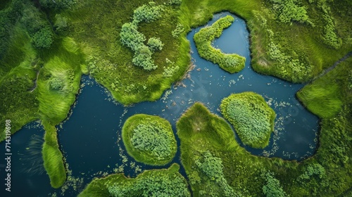  an aerial view of a body of water surrounded by lush green trees and grass, with a small island in the middle of the water in the middle of the middle of the picture.