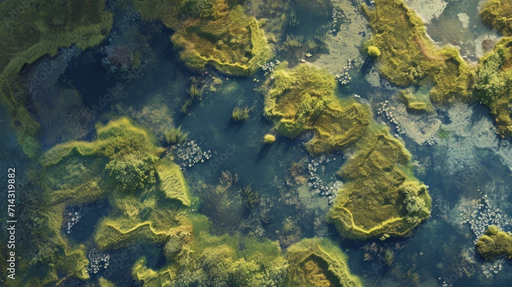  an aerial view of a body of water with trees in the water and rocks on both sides of the water and rocks on the other side of the body of the water.