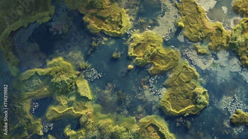  an aerial view of a body of water with trees in the water and rocks on both sides of the water and rocks on the other side of the body of the water.