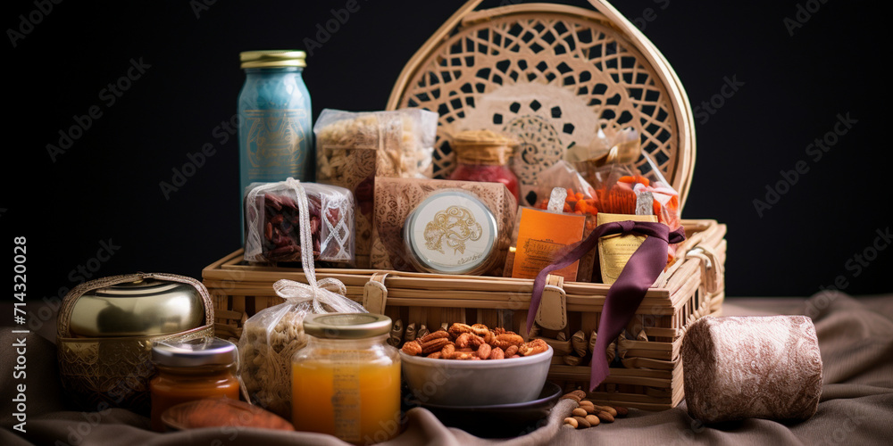 Seasonal gift box with cup, tea or coffee package with cookies, special gift hamper of dry fruits for ramdan and evy festival, gift hamper on the dark background with dry fruits
