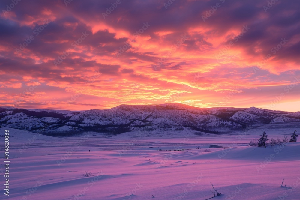 sunrise in the snowy mountains