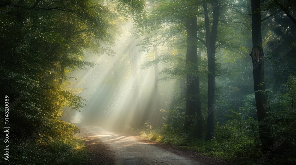 a dirt road in the middle of a forest with beams of light coming from the trees on either side of the road and on the other side of the road. a dirt road in the middle of a forest with beams of light coming from the trees on either side of the road and on the other side of the road.