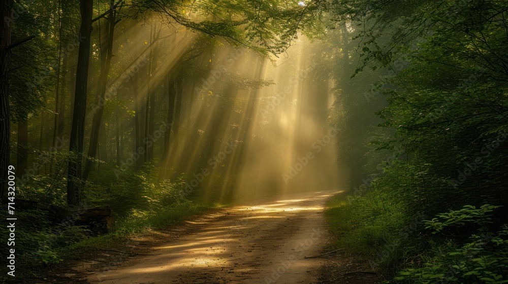  a dirt road in the middle of a forest with sunbeams shining through the trees on either side of the road is a dirt path with a bench on the other side.