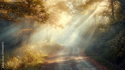 a dirt road in the middle of a forest with sunbeams shining through the trees on either side of the road is a dirt road with leaves and grass on both sides. © Anna