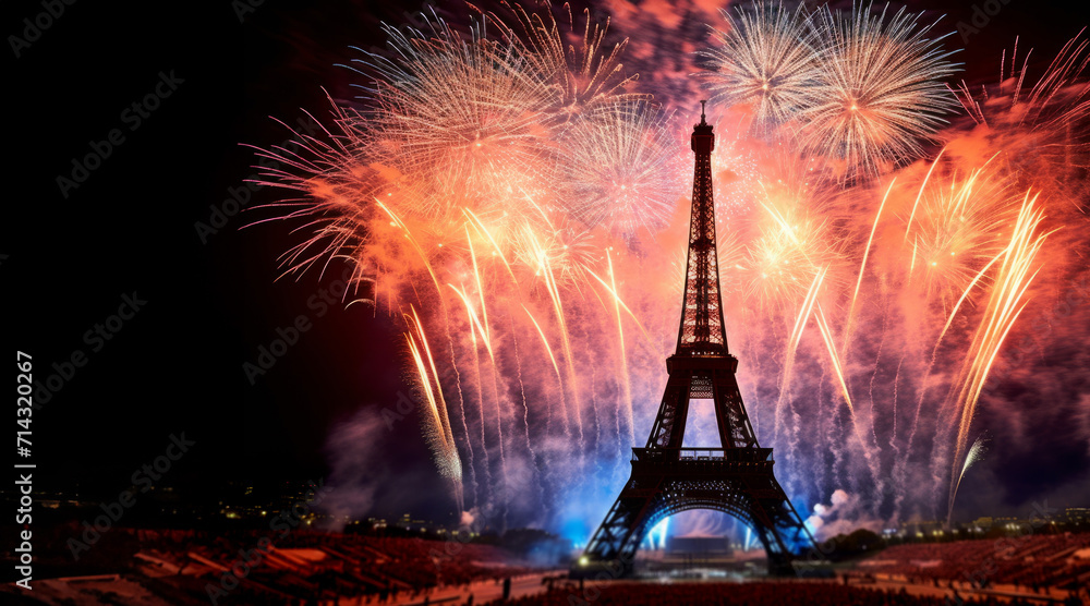 The eiffel tower in Paris, France silhouetted against celebration fireworks