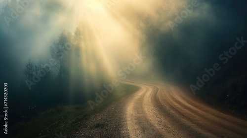  a dirt road in the middle of a forest with sunbeams coming through the fog and sunbeams coming out of the trees on the side of the road.