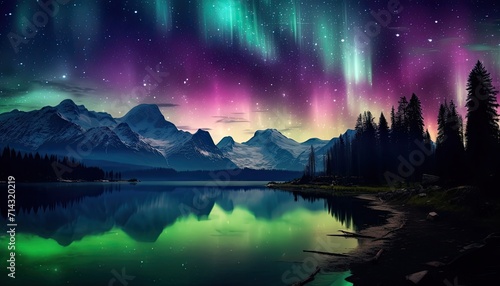 View of night sky with multicolored aurora borealis and mountain peak background. Night glows in vibrant aurora reflection on the lake with forest. 