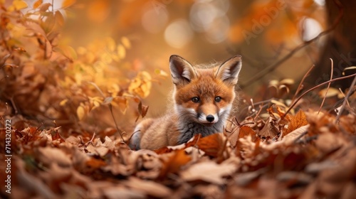  a close up of a fox laying in a pile of leaves and looking at the camera with a concerned look on its face, with a blurry background of autumn leaves.