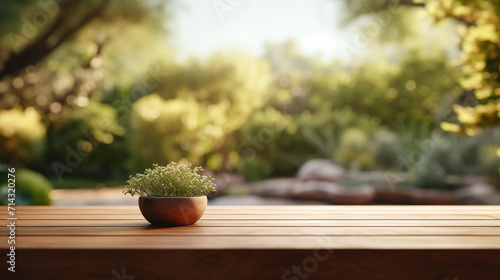 Peaceful garden scene with warm sunlit foliage and green plant on wooden table. © Natasha 