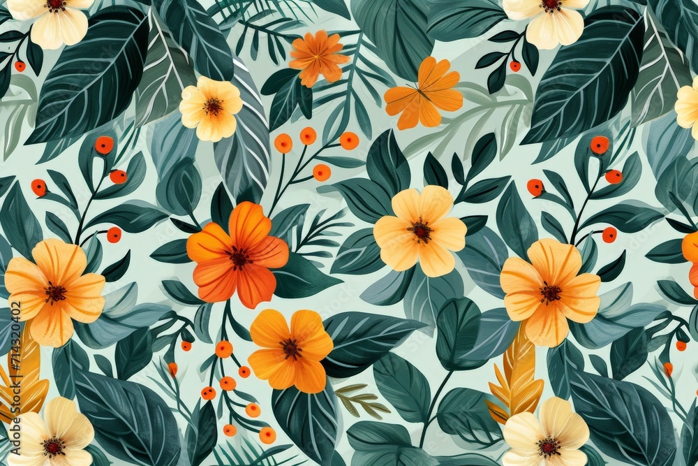 Orange Floral Pattern with Green Leaves Orange Floral Pattern with Green Leaves