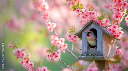  a bird is sitting in a birdhouse in a tree full of pink flowers and a blurry background of green leaves and a pink blossoming tree with pink flowers.