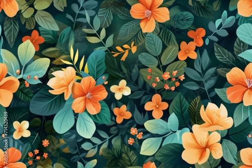 Orange Flowers & Green Leaves on Floral Background