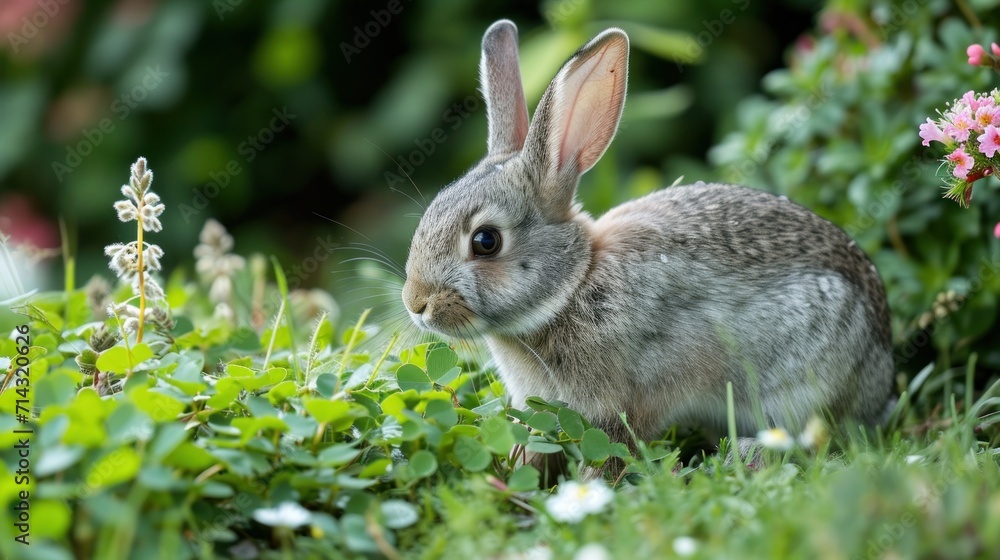 Fototapeta premium a rabbit is sitting in a field of green grass and flowers in the foreground is a bush with pink and white flowers in the foreground, and a blurry background is.