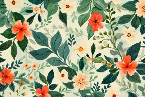 Orange and White Flower Patterned Floral Wallpaper © BrandwayArt