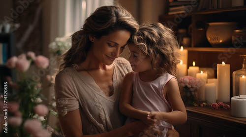 A mother and little daughter share a quiet, intimate moment, surrounded by the soft glow of candles and fresh flowers