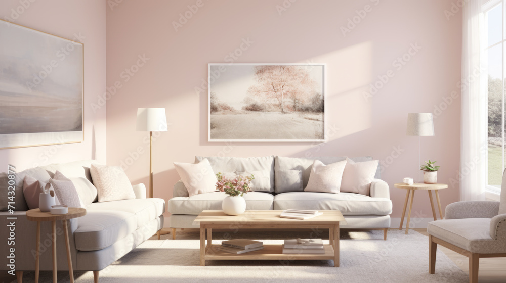 living room interior mock up, modern furniture in pastel colors, luxury sofa inside. Generative Ai living room interior mock up, modern furniture in pastel colors, luxury sofa inside. Generative Ai
