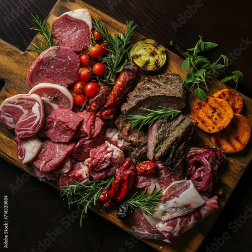 Fresh Meat and Vegetables on Wooden Cutting Board
