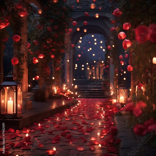 Warm and cozy outdoor setting complete with a pathway covered in luxurious red rose petals. Generative AI