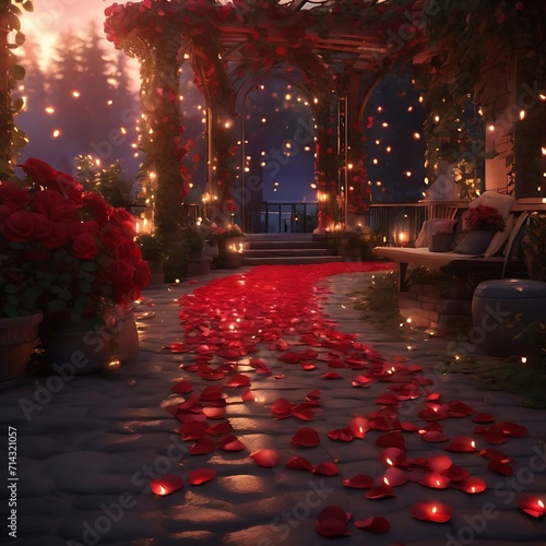Warm and cozy outdoor setting complete with a pathway covered in luxurious red rose petals. Generative AI