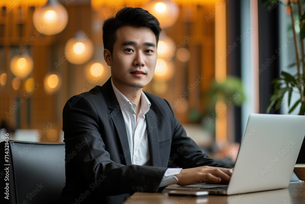 Young Asian Professional Using Laptop in a Cozy Café. Generative AI. Young Asian Professional Using Laptop in a Cozy Café. Generative AI.