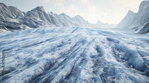  there is a very large amount of ice on the ground in front of a mountain range that has snow on the ground and rocks on the side of the mountain. photo