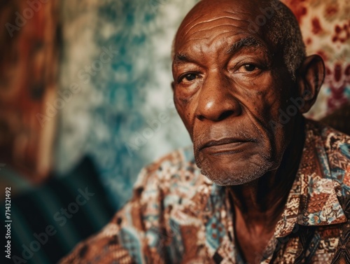 Photorealistic Old Black Man with Brown Straight Hair vintage Illustration. Portrait of a person in 1960s era aesthetics. Mod fashion. Historic photo Ai Generated Horizontal Illustration.