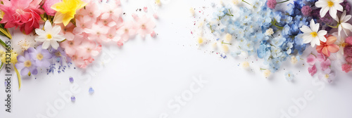 Beautiful light banner background with spring delicate pink, blue, purple flowers hyacinth, daffodil with space for text
