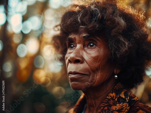 Photorealistic Old Black Woman with Brown Curly Hair vintage Illustration. Portrait of a person in 1960s era aesthetics. Mod fashion. Historic photo Ai Generated Horizontal Illustration.