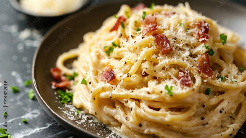 a plate of pasta with bacon, parmesan cheese and parsley on a black plate on a table with a cup of sauce and a spoon in the background. a plate of pasta with bacon, parmesan cheese and parsley on a black plate on a table with a cup of sauce and a spoon in the background.