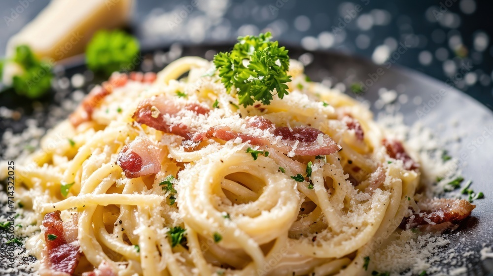 a plate of pasta with bacon, parmesan cheese, and parsley on a black plate with parmesan sprinkles and parmesan. a plate of pasta with bacon, parmesan cheese, and parsley on a black plate with parmesan sprinkles and parmesan.
