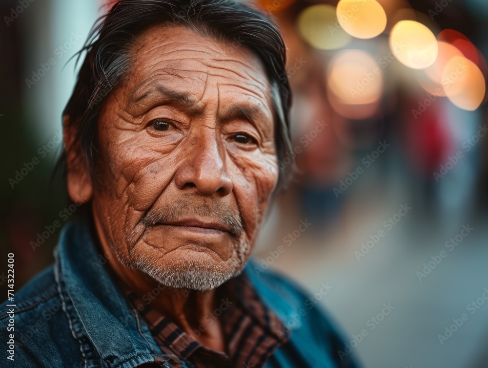 Photorealistic Old Latino Man with Brown Straight Hair vintage Illustration. Portrait of a person in 1960s era aesthetics. Mod fashion. Historic photo Ai Generated Horizontal Illustration.