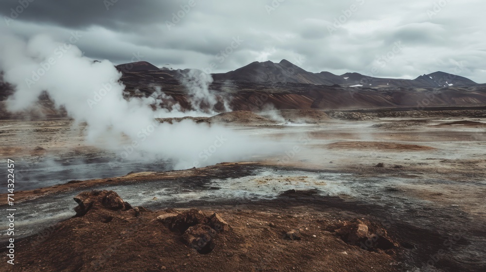 a geyser spewing water into the air in a barren area with mountains in the background on a cloudy day with dark clouds in the sky above. a geyser spewing water into the air in a barren area with mountains in the background on a cloudy day with dark clouds in the sky above.