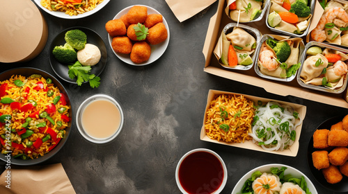 Buffet table scene of take out or delivery foods. Ai Generative